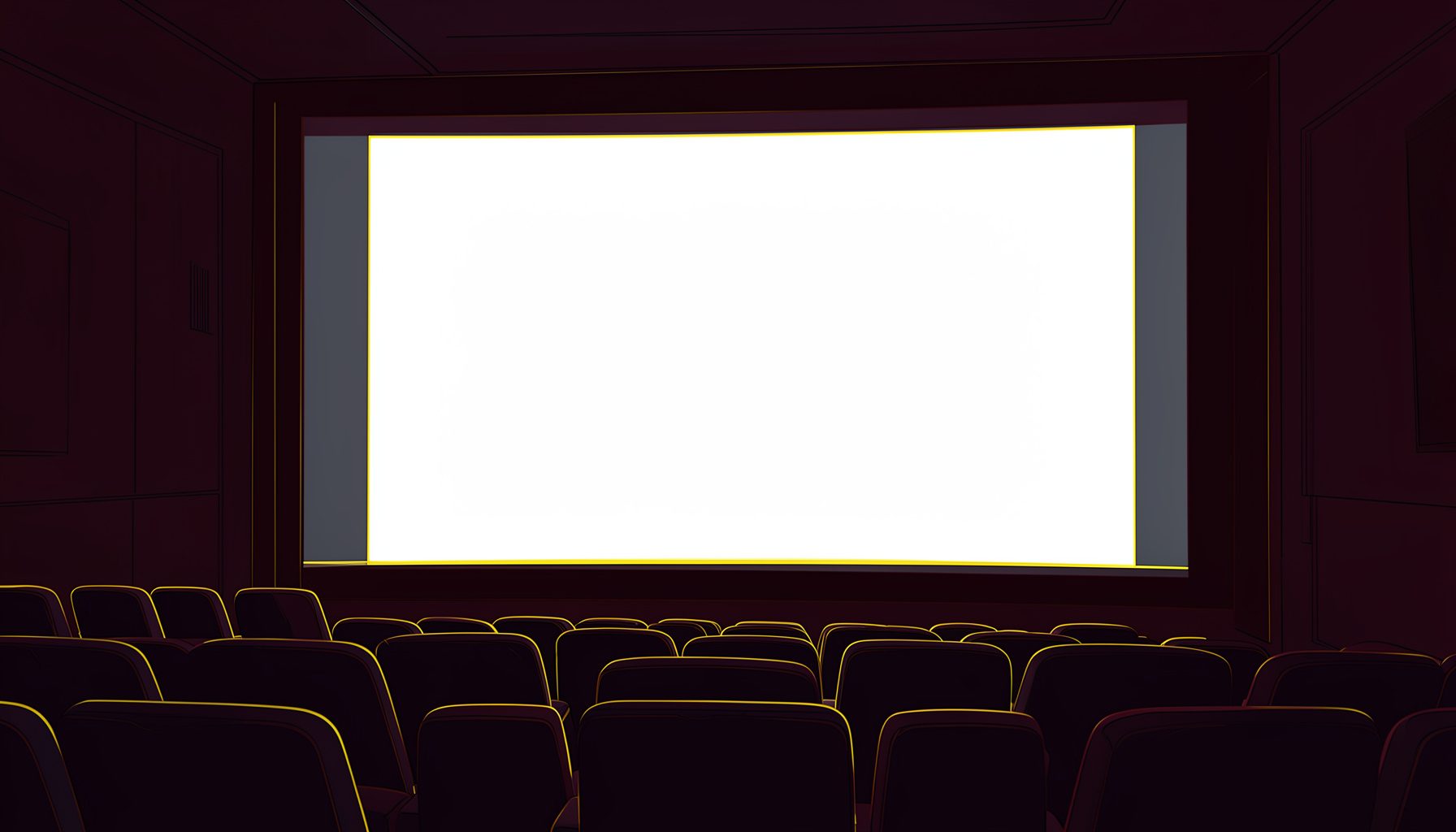 A dimly lit cinema-style interior with a large projection screen glowing softly, deep burgundy and charcoal tones, moody and anticipatory atmosphere