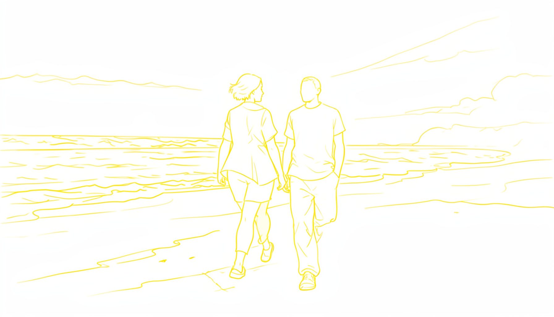 Soft-focus scene of a couple walking along a windswept beach at sunset, warm amber and rose tones, romantic and reflective mood