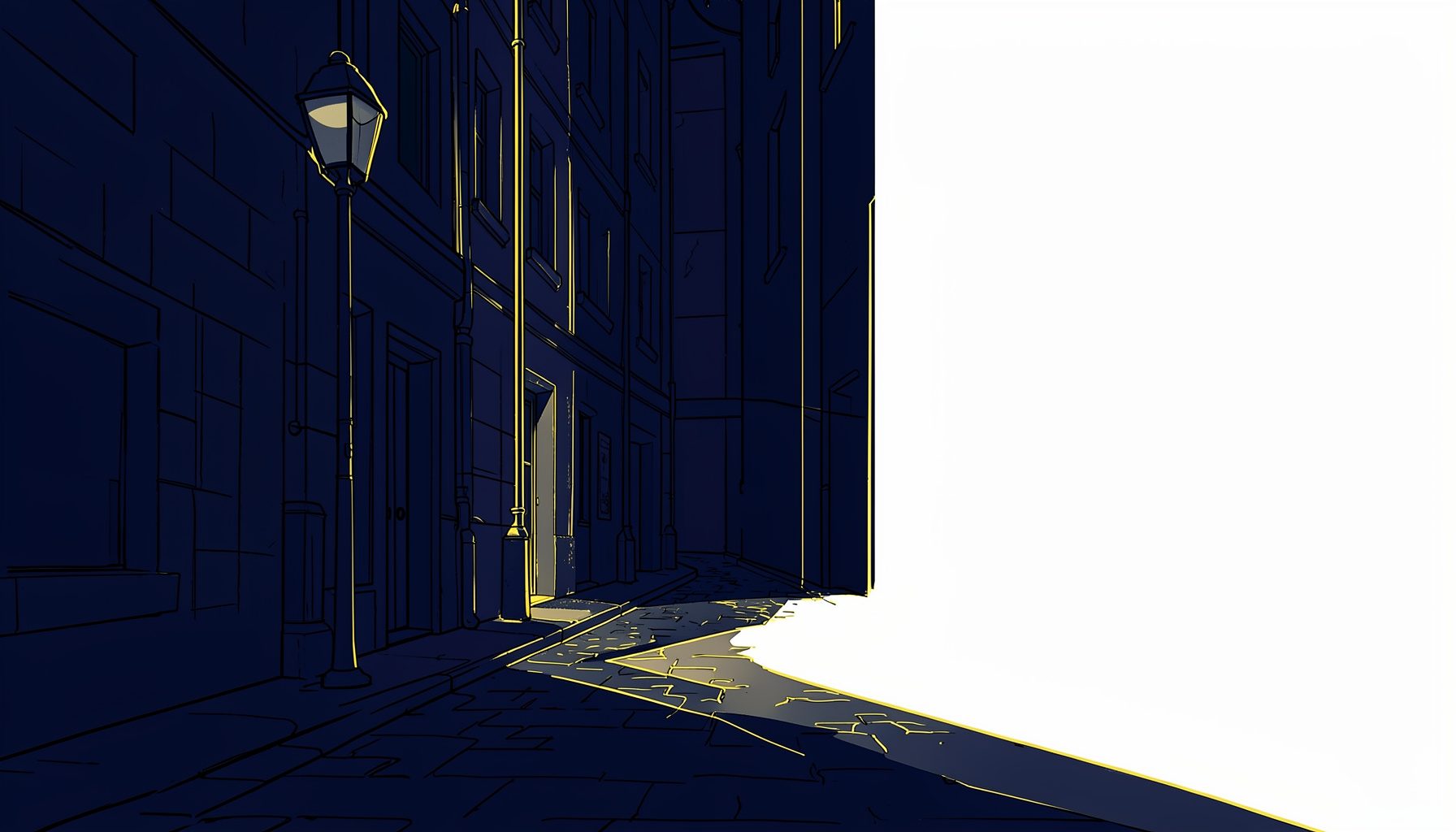 Dark alleyway with a single streetlamp casting long shadows, deep indigo and muted gold tones, mysterious and suspenseful mood