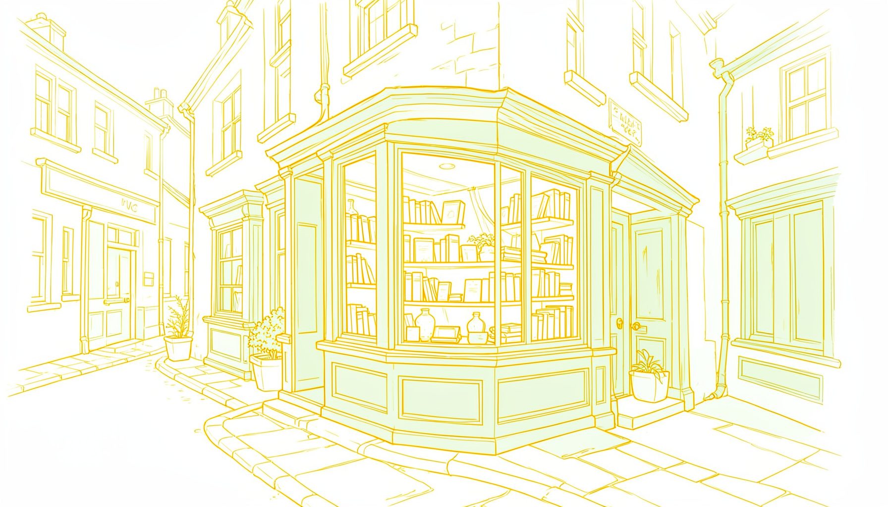 Quaint English village street with a cosy bookshop window display, soft cream and sage green tones, charming and inviting mood