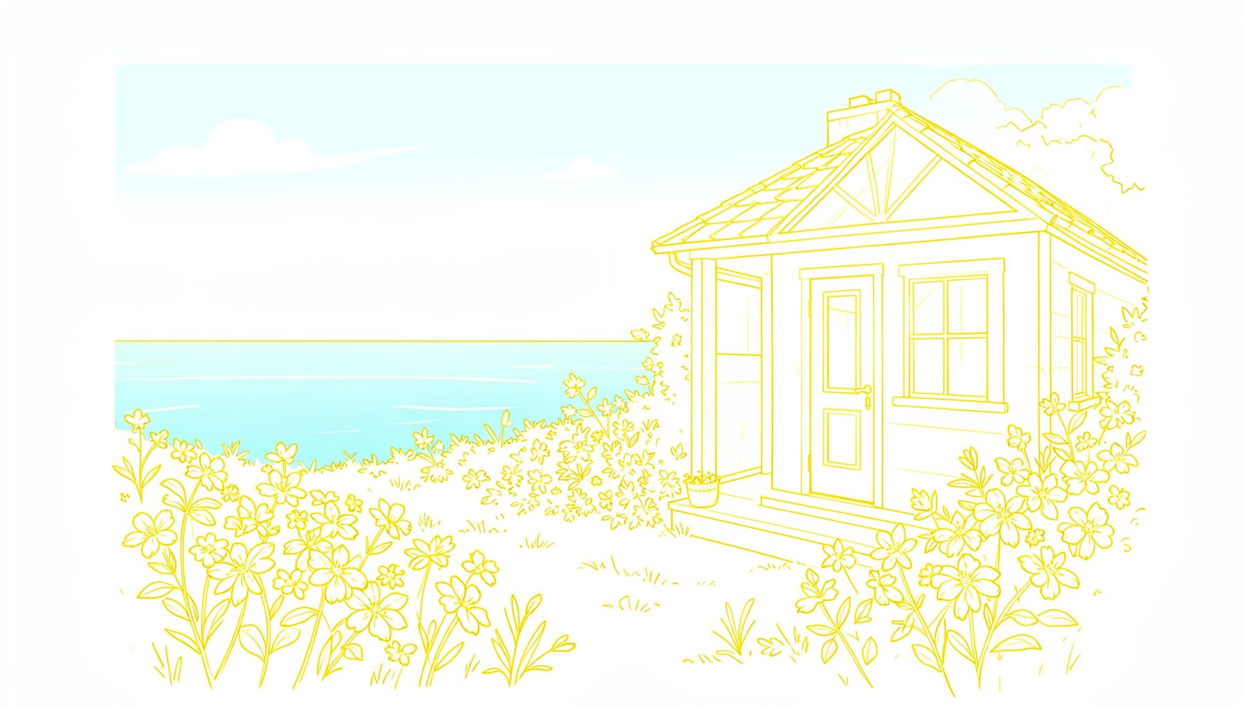 Sunlit coastal cottage with flowers in the foreground and the sea beyond, soft coral and sky-blue tones, serene and hopeful mood
