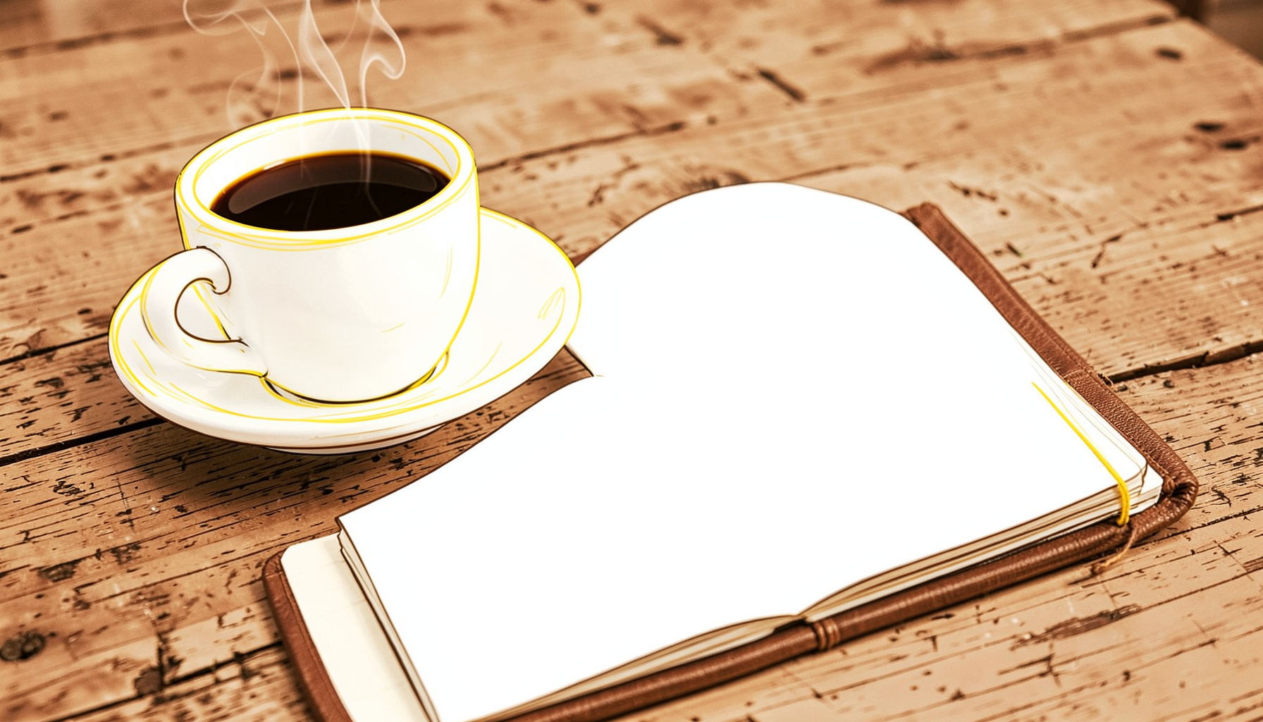 Open notebook beside a steaming coffee cup on a rustic wooden table, warm brown and cream tones, cosy and creative mood