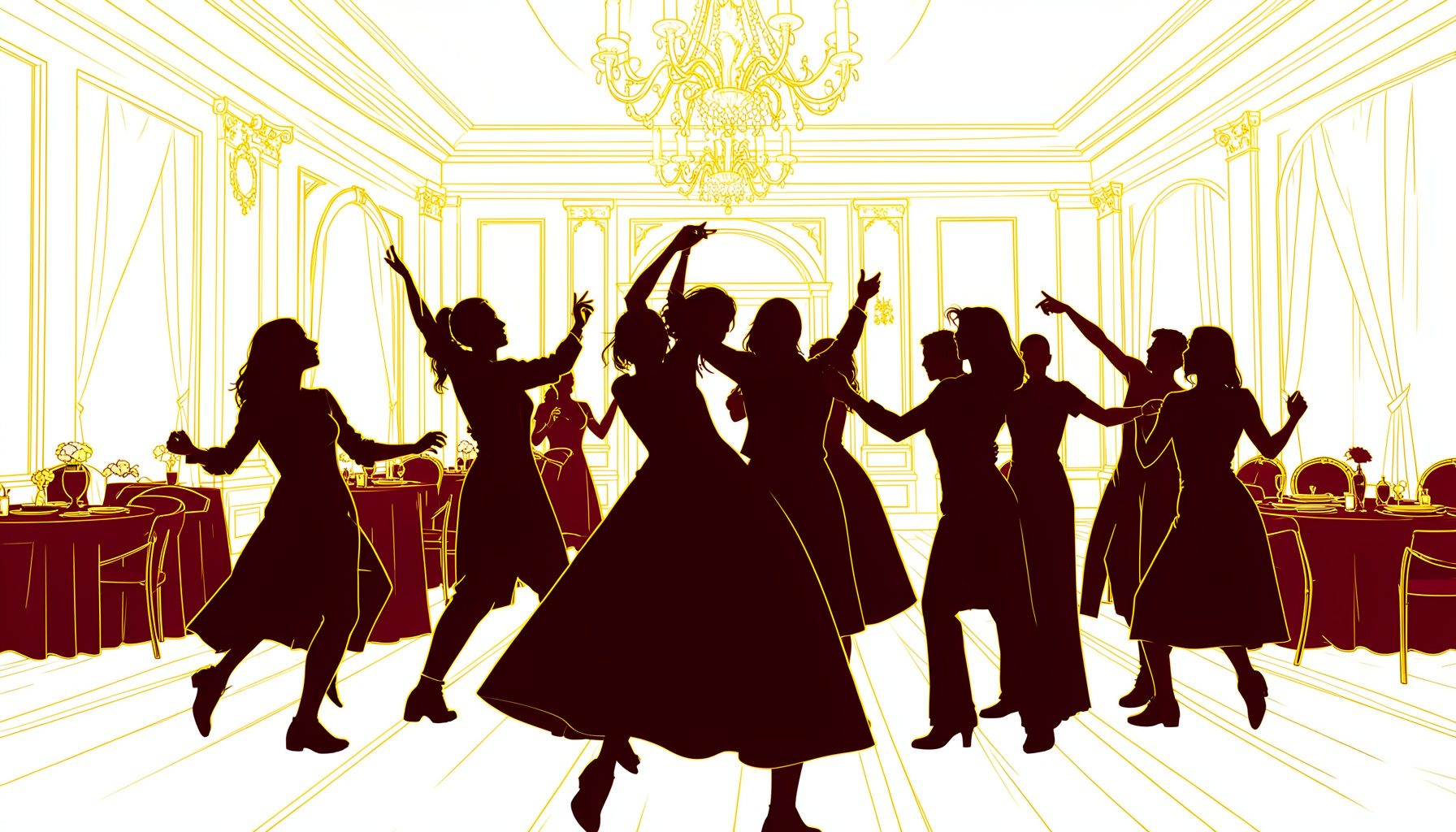 Silhouetted figures dancing in a softly lit ballroom, deep crimson and gold tones, passionate and elegant mood