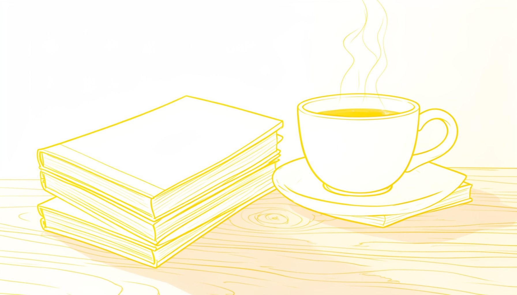 Softly lit stack of paperback books with a steaming cup of tea on a wooden table, warm beige and cream tones