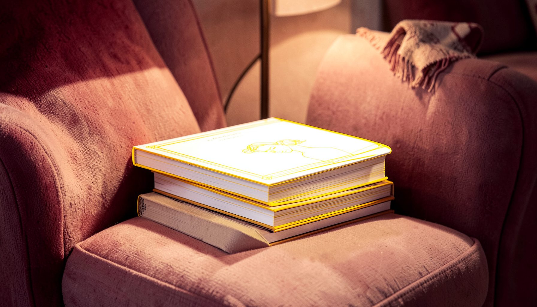 A stack of paperback romance novels on a cosy armchair, warm lamplight glow, deep burgundy and cream tones