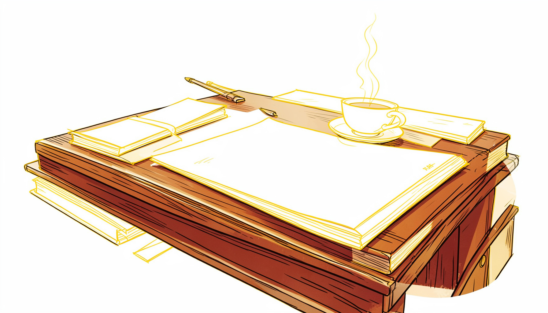 Warmly lit wooden writing desk with scattered books and a steaming cup, rich browns and soft gold tones