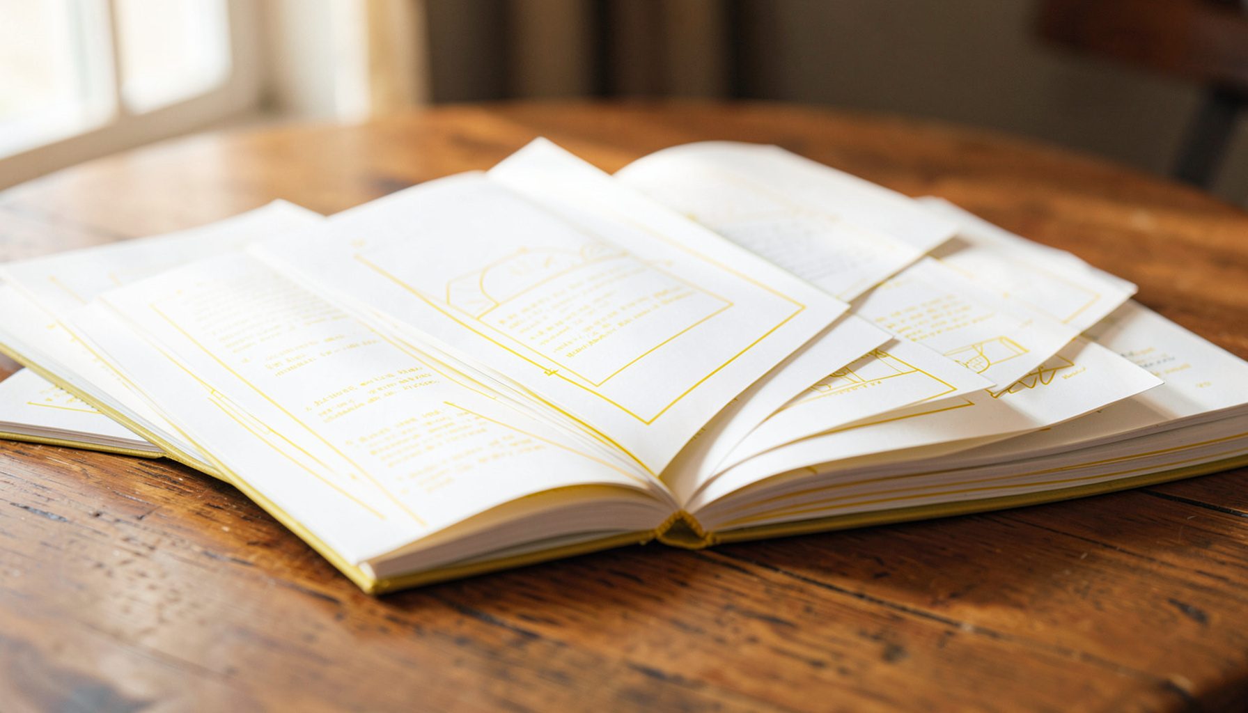 A row of open paperback books fanned across a warm wooden table, soft natural light falling across the pages, cozy and inviting atmosphere