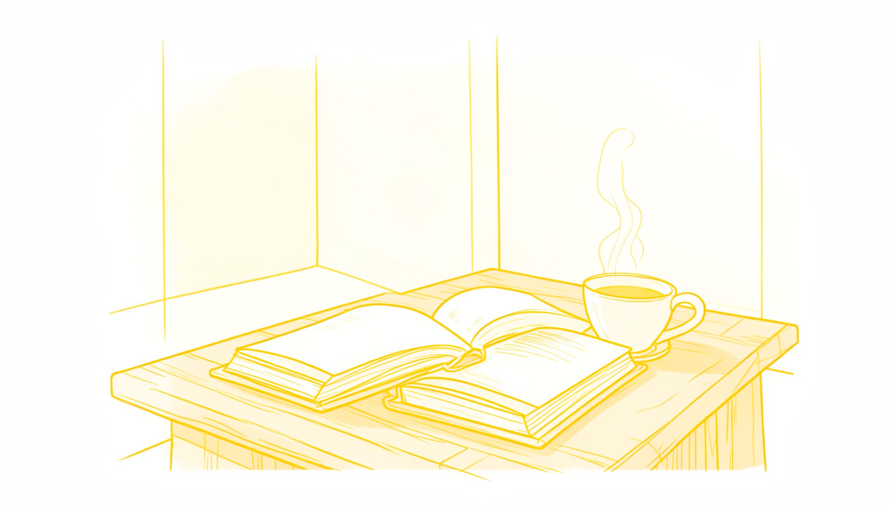 A softly lit reading nook with an open book on a wooden table, a steaming cup nearby, and warm amber and cream tones filling the cozy space